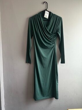 H&M Dark Green Long-Sleeve Draped Midi Dress